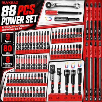 88-Piece Impact Driver & Magnetic Screwdriver Bit Set, S2 Steel Security Torx Hex Phillips Square Triangle Slotted Bits, Mini Ratchet Wrench, Magnetic Bit Holders & Nut Driver, 1/4'' Hex Shank - style: 88-Piece Impact Screwdriver Bit Set, S2 Steel Securit