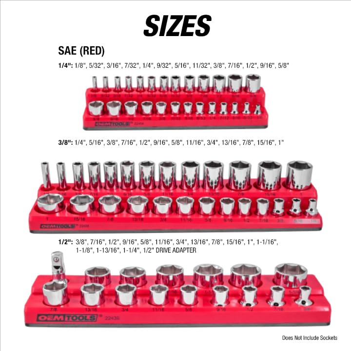 OEMTOOLS 3-Pc Magnetic Socket Organizer for 68 Deep & Shallow SAE Sockets | SAE Magnetic Socket Holder, Non-Marring Rubberized Base Socket Holders, Holds 1/4, 3/8, 1/2 Inch Sizes, Clearly Marked Sizes - style: 3Pc Red