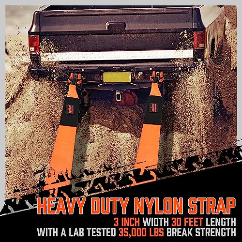 HORUSDY Nylon Heavy Duty Tow Strap Recovery Strap with Hooks 3" x 30Ft - 35,000 LBS Break Strength, 2" Shackle Hitch Receiver + 3/4 D Ring Shackles (2pcs), Recover Your Vehicle Stuck in Mud/Snow - style: 35,000 LBS Break Strength, 2" Shackle Hitch Receive