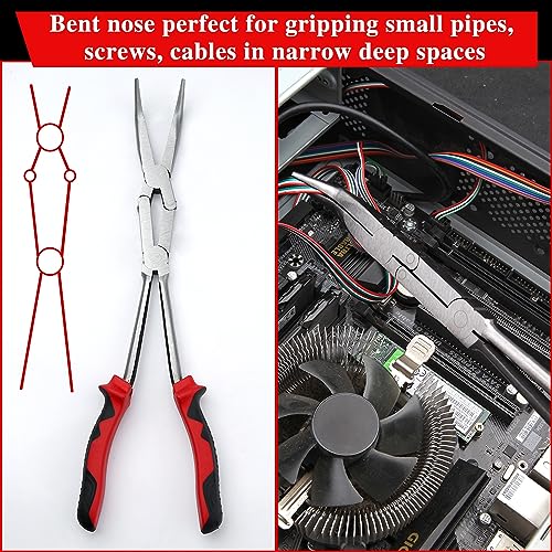 13 Inches Dual Pivot Pliers Double Joint Bent Long Nose Dual Material Pliers with Serrated Jaw 45 Degree Extra Long Reach Compound Action Pliers for Hard to Reach Narrow Spaces - style: Bent Nose
