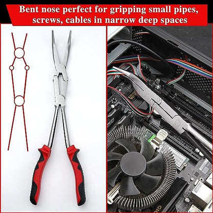 13 Inches Dual Pivot Pliers Double Joint Bent Long Nose Dual Material Pliers with Serrated Jaw 45 Degree Extra Long Reach Compound Action Pliers for Hard to Reach Narrow Spaces - style: Bent Nose