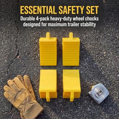 Covzoe 4 Pack Wheel Chocks for RV Trailer, Heavy Duty Wheel Stopper with Handle Easy Removal, Non Slip Tire Choke for Cars Campers Trucks RVs, Yellow