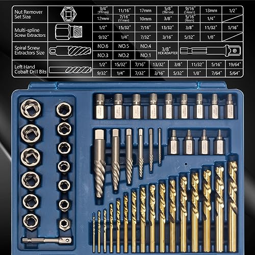 MABLEVI 49 Pcs Screw Extractor Bolt Extractor Set, Left Hand Drill Bit Set, Easy Out Multi-Spline Stripped Bolt Remover for Broken Rusted Nuts Bolts Screws - size: 49-piece