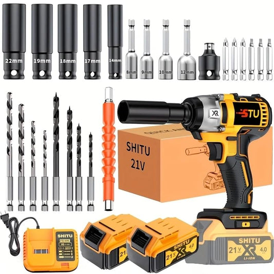 Wireless impact wrench, lithium-ion impact wrench with charger, portable fast charging tool - suitable for home and car maintenance (电池*2+配件) - style: 2 Batteries + Accessories