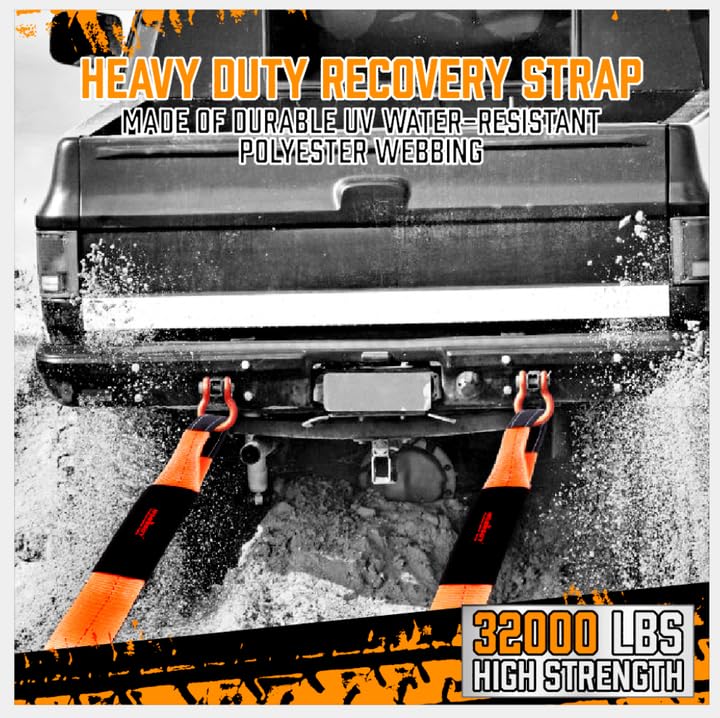 HORUSDY Nylon Heavy Duty Tow Strap Recovery Strap with Hooks 3" x 30Ft - 32,000 LBS Break Strength, 3/4 D Ring Shackles (2pcs), Recover Your Vehicle Stuck in Mud/Snow - style: 32,000 LBS Break Strength, 3/4 D Ring Shackles (2pcs)