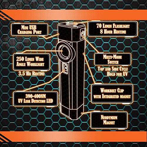 Durable Flashlight, 2C1140, Bright LED Tough aluminum body, UV Leak Detection, 3 Modes, USB Rechargeable Work light