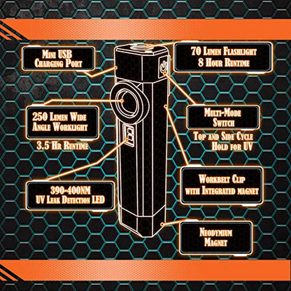 Durable Flashlight, 2C1140, Bright LED Tough aluminum body, UV Leak Detection, 3 Modes, USB Rechargeable Work light
