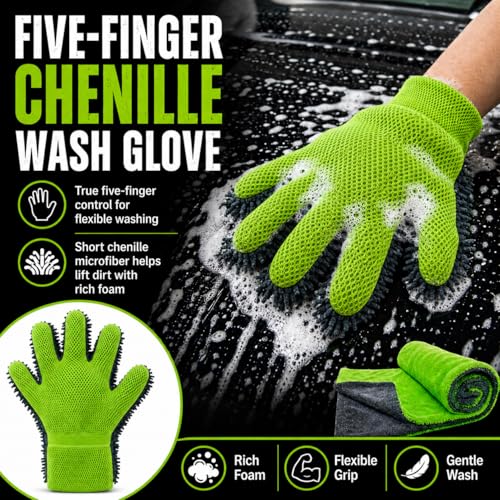 Microfiber Car Drying Towel & Chenille Wash Mitt Set, 1300 GSM 16 x 24 in Absorbent Auto Detailing Towel, Scratch-Free Car Wash Cloth and Mitt for Washing, Drying, Detailing, Gray Green