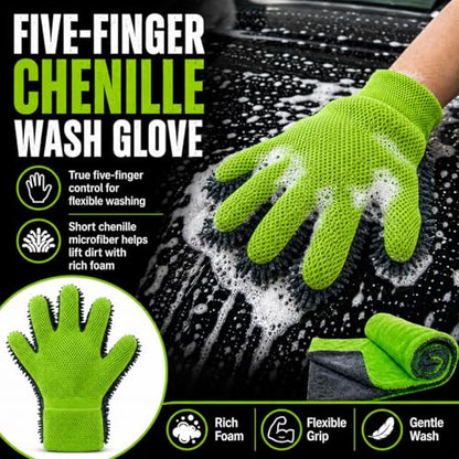 Microfiber Car Drying Towel & Chenille Wash Mitt Set, 1300 GSM 16 x 24 in Absorbent Auto Detailing Towel, Scratch-Free Car Wash Cloth and Mitt for Washing, Drying, Detailing, Gray Green