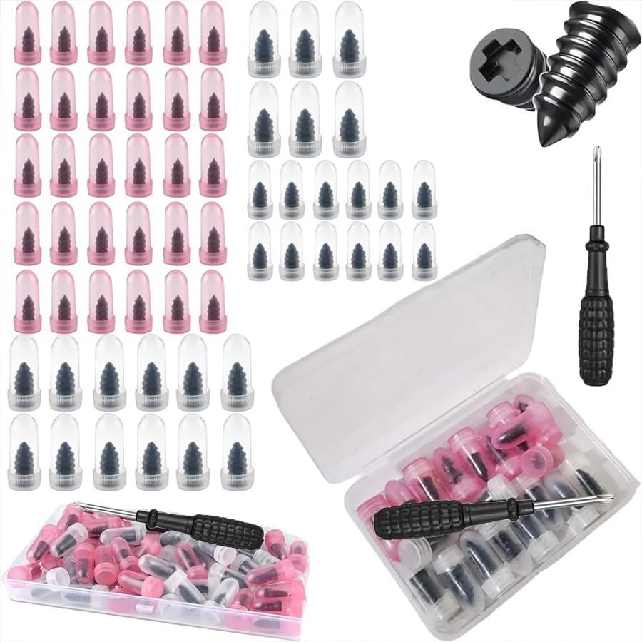 60 Pcs Tire Repair Nail Kit, 2 Sizes Spiral Rubber Screws with Screwdriver for Car Truck Motorcycle Tractor Tubeless Tire Puncture Quick Fix (30 Large + 30 Small)