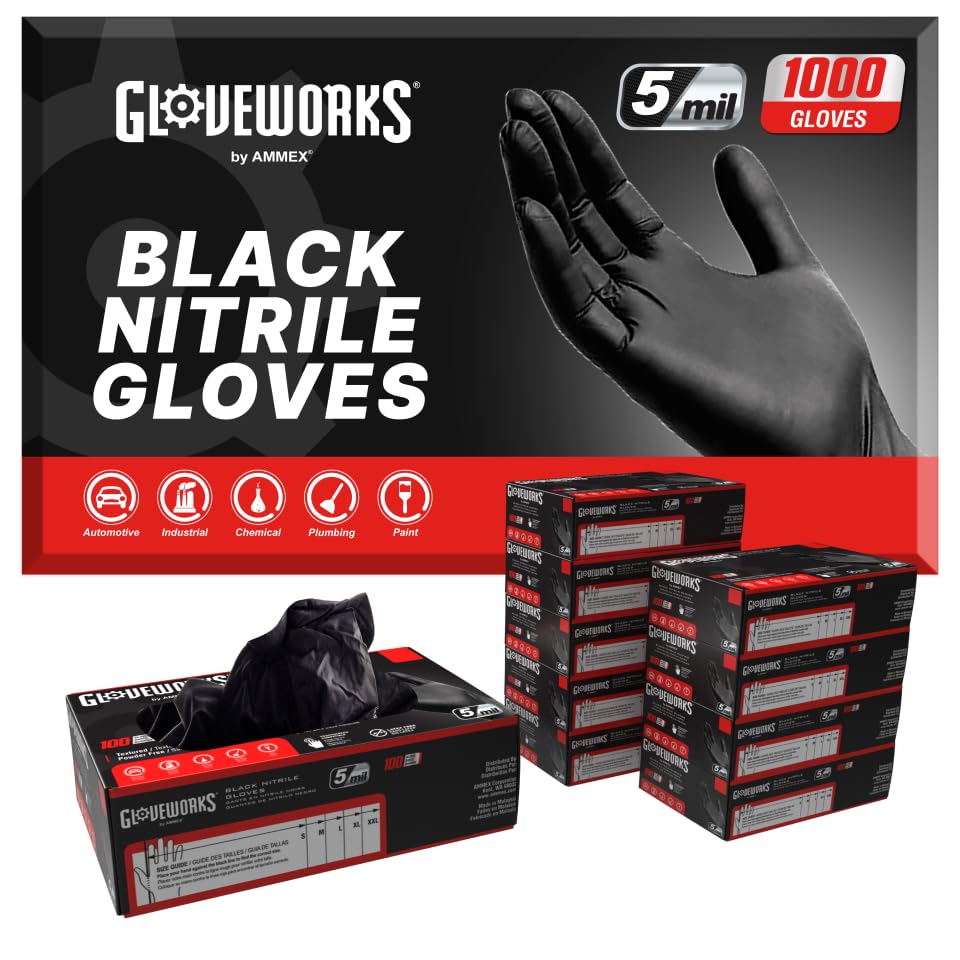 GLOVEWORKS Nitrile Gloves Disposable Latex Free 5 mil Black for Cleaning | Ideal for Cooking Food Prep Business and Household Use, Bulk Purchasing Options, Suitable for Extended Duration Use - size: Medium, style: 10 Boxes of 100