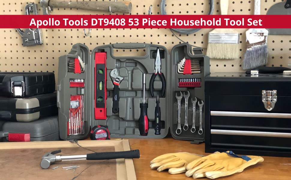 Apollo Tools 53 Piece Home Repair Tool Set with Toolbox Storage Case, Basic Tool Set for General Household Repairs and DIY, Includes Most Useful Hand Tools - Red - size: 53-Piece