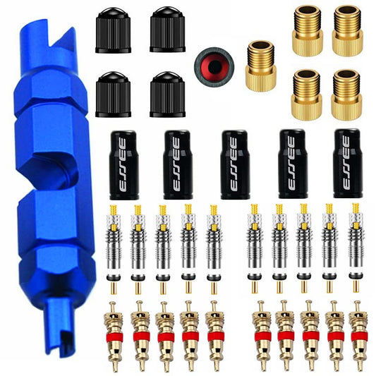 36 Pieces Presta Valve Core Kits,Handy Alloy Valve Core Remover,10Pcs Presta Valve Cores,5Pcs Presta Valve Adapters,5Pcs Presta Valve Caps,10Pcs Schrader Valve Cores,5Pcs Schrader Valve Caps