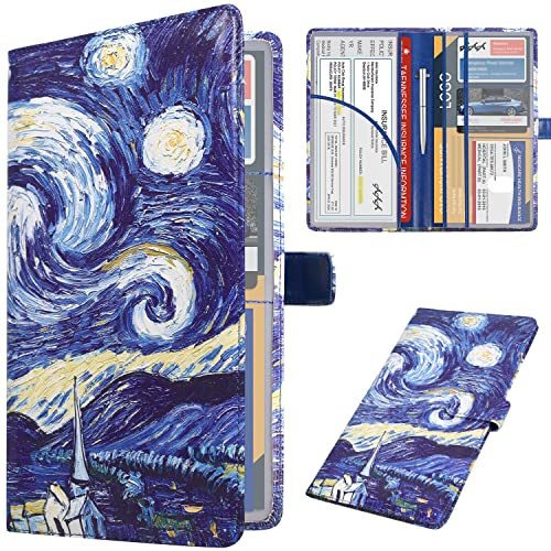 DMLuna Car Registration and Insurance Holder, Leather Vehicle Card Document Glove Box Organizer, Auto Truck Compartment Accessories for Essential Information, Driver License Cards, Starry Night - color: Starry Night, size: Magnetic Closure Style