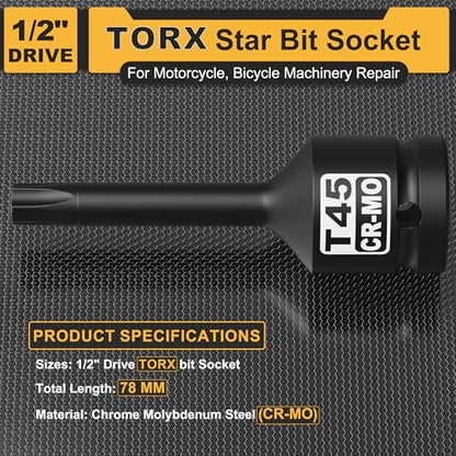 1/2" Drive T45 Torx Bit Socket, Star Bit Socket, CR-MO Steel, Motorcycle, Bicycle Machinery Repair - size: 1/2" T45 Deep