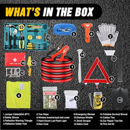 Nilight Car Emergency Kit with Jumper Cable, First Aid Kit Safety Assistance Tools for Travel Camping Outdoor Cars Truck SUV RV, Roadside Essentials with Flash Light - color: Essential Kit+Tool Set