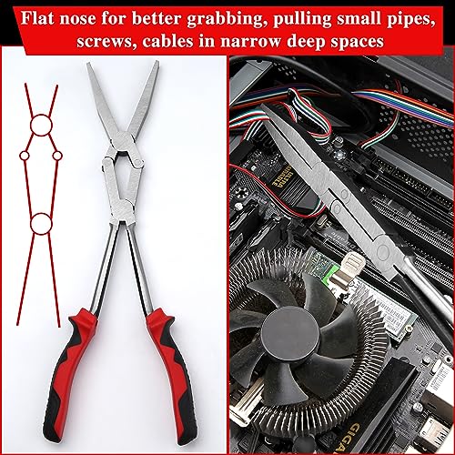 Dual Pivot Double-Joint Flat Pliers With Serrated Jaw Extra Long Reach Compound Action for Hard to Reach Narrow Spaces - style: Flat Nose