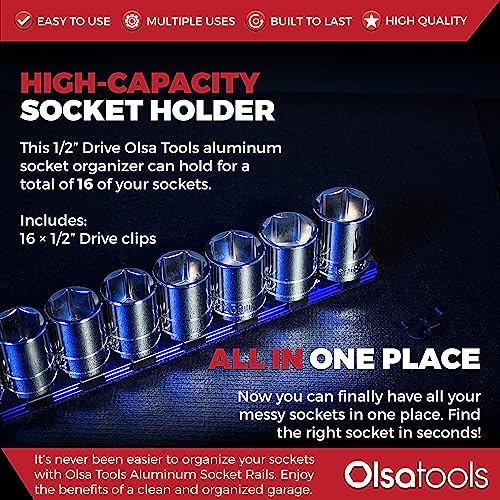 Olsa Tools 1/2-Inch Drive Aluminum Socket Organizer with Locking End Caps - Professional Quality Socket Holder - BLUE - PART 1174 - color: Blue, size: 1/2-Inch Drive