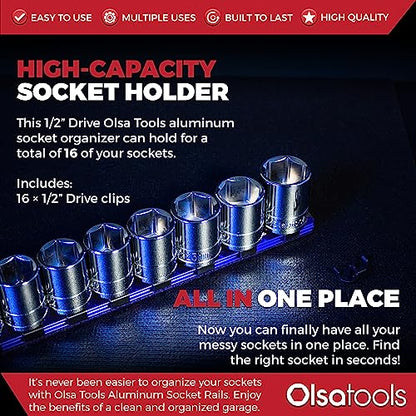 Olsa Tools 1/2-Inch Drive Aluminum Socket Organizer with Locking End Caps - Professional Quality Socket Holder - BLUE - PART 1174 - color: Blue, size: 1/2-Inch Drive