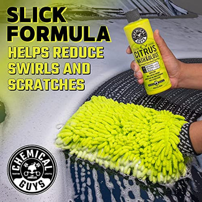 Chemical Guys CWS_301_16M Car Wash Starter Bundle - Citrus Wash & Gloss Foaming Car Wash Soap, 16 oz, Citrus Scent + Green Chenille Wash Mitt (2 Items) Works on Cars, Trucks, SUVs, RVs & More - size: 16 oz