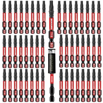Geinxurn 51 Pieces T15 Impact Tough Magnetic Screwdriver Bit Set, 1 In. #15 Torx Head Power Bit Set, S2 Alloy Steel T15 Star Bit with 1Pcs Impact Bit Holder - size: 2"-51PCS, style: T15