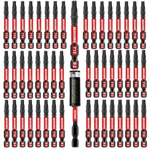 Geinxurn 51 Pieces T15 Impact Tough Magnetic Screwdriver Bit Set, 1 In. #15 Torx Head Power Bit Set, S2 Alloy Steel T15 Star Bit with 1Pcs Impact Bit Holder - size: 2"-51PCS, style: T15