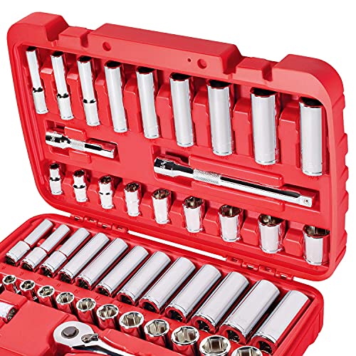 CARBYNE 55-Piece 3/8 in. Drive Socket and Ratchet Set, SAE and Metric, 6 Point, CrV Steel, 90-Tooth Ratchet, Deep and Standard Sockets, Storage Case
