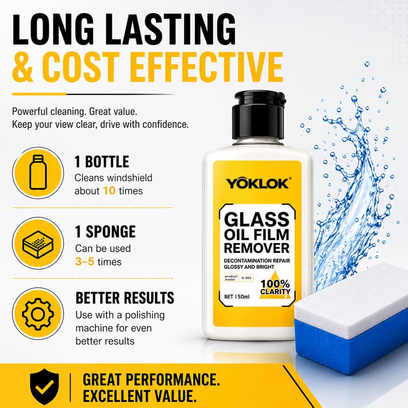 Glass Oil Film Remover for Car Windows, Professional Windshield Cleaner & Restorer, Eliminates Water Spots, Grime & Night Glare, Auto Glass Stripper Kit with 2 Sponges, 150ml (5.1oz)