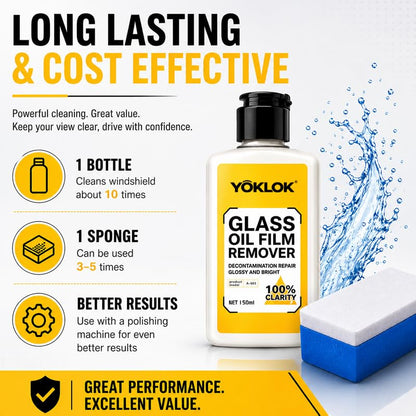Glass Oil Film Remover for Car Windows, Professional Windshield Cleaner & Restorer, Eliminates Water Spots, Grime & Night Glare, Auto Glass Stripper Kit with 2 Sponges, 150ml (5.1oz)
