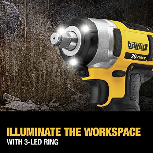 DEWALT 20V MAX* Cordless Impact Wrench Kit with Hog Ring, 1/2-Inch (DCF880HM2), Yellow