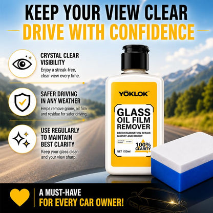 Glass Oil Film Remover for Car Windows, Professional Windshield Cleaner & Restorer, Eliminates Water Spots, Grime & Night Glare, Auto Glass Stripper Kit with 2 Sponges, 150ml (5.1oz)