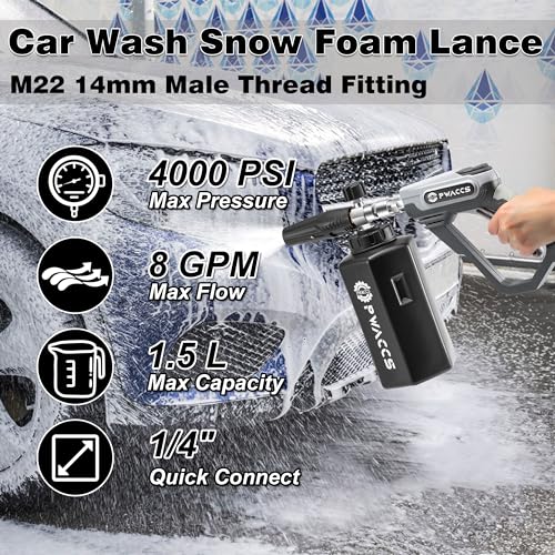 PWACCS Pressure Washer Foam Gun, Short Pressure Washer Gun, Foam Cannon for Car Wash Kit with 1/4" Quick Connector, Pressure Wash Handle for Power Washer with M22 Male Inlet, 4000 PSI, 1.5 Liter - size: 1.5 L