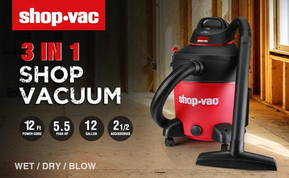 Shop-Vac 5983089 12 Gallon 5.5 Peak HP Wet/Dry Vacuum, 2.5 Inch Diameter x 8 Foot Hose, 12 Foot Cord, Ideal for Jobsite, Garage & Workshop