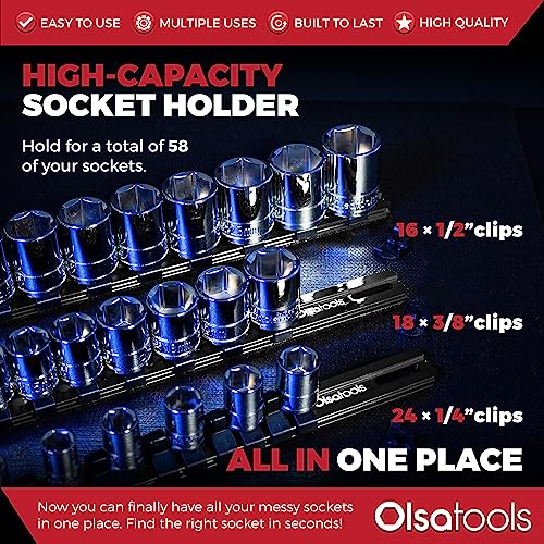 Olsa Tools Aluminum Socket Organizer, 3pc Set - Locking End Caps - 1/4-Inch Drive x 24 Clips, 3/8-Inch Drive x 18 Clips, 1/2-Inch Drive x 16 Clips - Professional Grade - Black - Part: 1181 - color: Black, size: 3pc, 1/4, 3/8, & 1/2-Inch Drive
