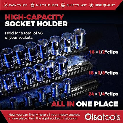 Olsa Tools Aluminum Socket Organizer, 3pc Set - Locking End Caps - 1/4-Inch Drive x 24 Clips, 3/8-Inch Drive x 18 Clips, 1/2-Inch Drive x 16 Clips - Professional Grade - Black - Part: 1181 - color: Black, size: 3pc, 1/4, 3/8, & 1/2-Inch Drive