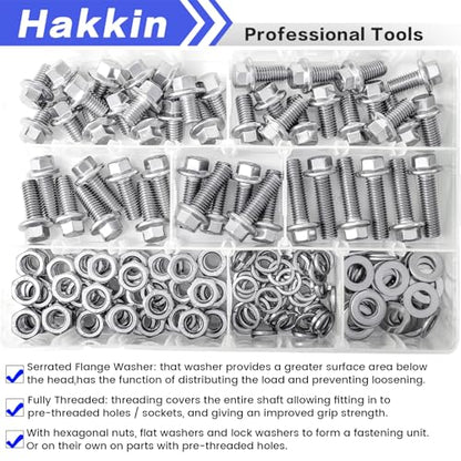 M8 Bolts, 200PCS Flange Hex Bolts and Nuts Kit, M8-1.25 x 16/20/25/30/35mm Flanged Hex Head Bolts Flange Hexagon Screws, Hakkin 304 Stainless Steel M8 Metric Nuts Screws Flat & Lock Spring Washers - size: 200PCS M8 Flanged Bolts Silver