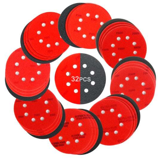 32PCS Round Sanding Sponge 180-3000 Grit Sandpaper Assortment Hook and Loop Sanding Pads Wet Dry Sponge Sandpaper for Drill Sanding Grinder Rotary Tools Curved Surface (RED Round) - color: 180-3000 Grit (Round)