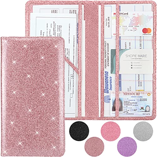 Car Registration and Insurance Holder, Premium Leather Insurance and Registration Holder,vehicle Glove Box Car Organizer, with Magnetic Shut for Cards, Driver License (Glitter Rose Gold) - color: 08-Glitter Rose Gold