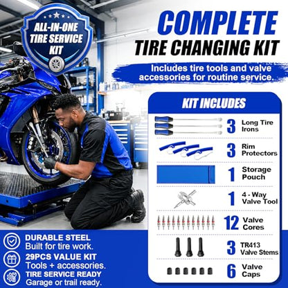 Tire Spoons, 29PCS Tire Changing Tool Kit with 3 x 14.5 Inch Blue Tire Irons, Motorcycle Tire Spoons and Tire Levers, Tire Removal & Mounting Tools for Dirt Bike, ATV, Lawn Mower Tires