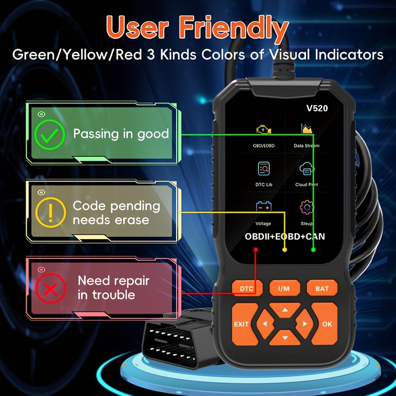 Professional V520 OBD2 Scanner – Advanced Car Diagnostic Tool with Live Data, Check Engine Reset, ABS/SRS Scan, Mode 6 & 8, Oxygen Sensor & Battery Test – Works with All Cars 1996+ (OBDII/EOBD)