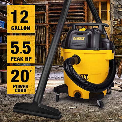 DEWALT 12 Gallon Poly Wet/Dry Vac, 5.5 HP Shop Vacuum Wet Vacuum Cleaner for Workshop, Jobsite, Commericial Area, Large Pick-Up Capacity, Yellow,DXV12P - size: 12 gallon