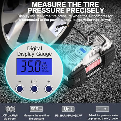 GSPSCN Digital Portable Tire Inflator Heavy Duty 12V Air Compressor Pump | 6X Faster Inflation Auto-Shut Off Dual Cylinder Metal Air Pump w/Extension Hose & Adapter for Car,SUV,Truck,RV,Van,Ball