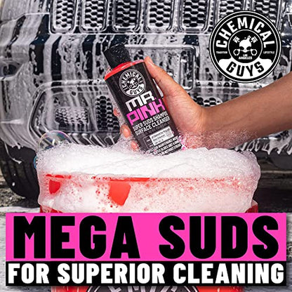Chemical Guys, Mr. Pink Foaming Car Wash Soap & Chenille Mitt Kit, 16 oz | High-foaming Mr. Pink soap with a plush chenille mitt for safe, scratch-free contact washing, a starter combo - style: 16 Fl Oz + Wash Mitt