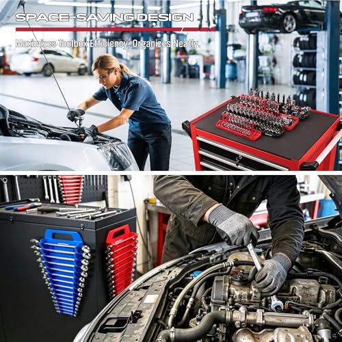 10-Piece Socket and Wrench Organizer Set, 8PC Socket Organizer Tray and 2PC 24-Slot Magnetic Wrench Organizer, for 1/4", 3/8", 1/2" Drive SAE and Metric, Toolbox Drawer Storage, Tools Not Included