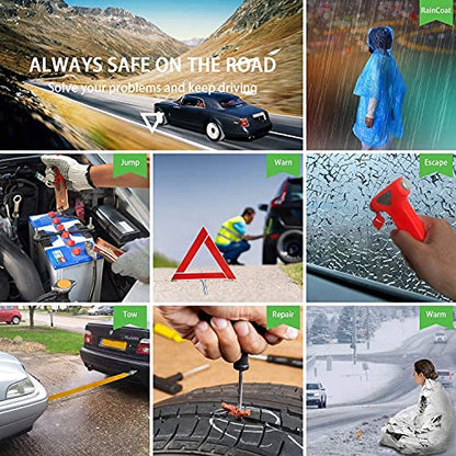 STDY Car Roadside Emergency Kit, Vehicle Truck Safety Road Side Assistance Kits Auto Accessory, with Jumper Cables, Tow Rope, Reflective Triangle, Tire Pressure Gauge, etc - size: Essential Kit