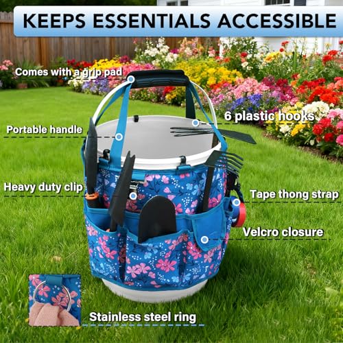 KUNN Bucket Organizer 5 Gallon 18-Pocket Tool Bucket Bag with 6 Hooks, Gardening Tool Holder Caddy for Gardeners, Outdoor Yard Work, Soil Plant Flower Gardening Accessories with Grip Pad, Blue - style: Blue Floral