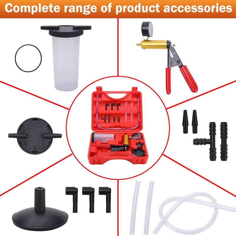 2 in 1 Brake Bleeder Kit with Hand Vacuum Pump with Gauge Adapters Automotive Brake Fluid Bleeding Set with Protected Case for Car Truck (Red) - color: RED1