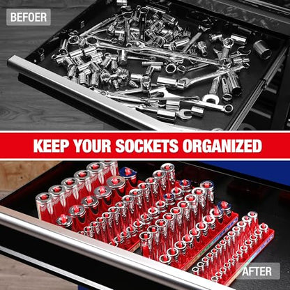 WORKPRO Socket Organizer Set, 4PC 1/4" 3/8" 1/2" Drive SAE Socket Holder | Fits Impact Sockets, Holds 82 Pieces Sockets, Large Capacity, Clear Size Identification, Socket not Included - size: 4 Pieces-1/4", 3/8", & 1/2" DR, SAE
