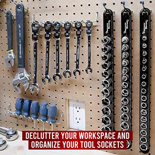Precision Defined Aluminum Tool Socket Holder 3-Piece Set | Black, 1/4-Inch x 16 Clips, 3/8-Inch x 16 Clips, 1/2-Inch x 14 Clips | 360 Rotation - Heavy Duty Socket Rails Organizer, Socket Storage - color: Black