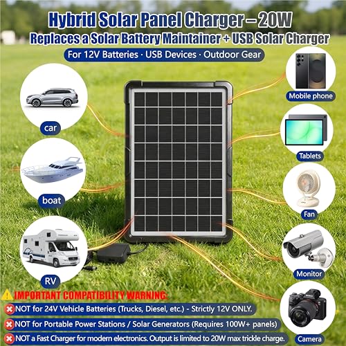 20W Hybrid Solar Battery Charger & Maintainer 12V + USB Hub Kit - Waterproof Trickle Charger for Car, Boat, RV, Motorcycle - Universal 5-in-1 Portable Solar Panel for Phone, Camping